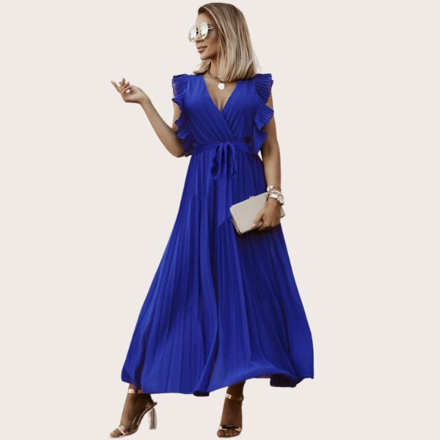 Plissiertes Maxikleid mit Rüschenbesatz und Taillenbindung
