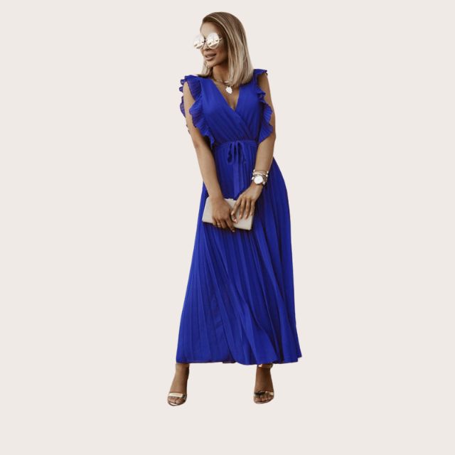 Plissiertes Maxikleid mit Rüschenbesatz und Taillenbindung