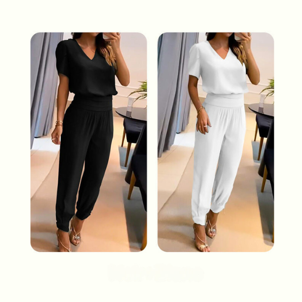 Merche zweiteiliges Set mit einem kurzärmeligen Oberteil mit V-Ausschnitt und einer langen Hose, ideal für Partys