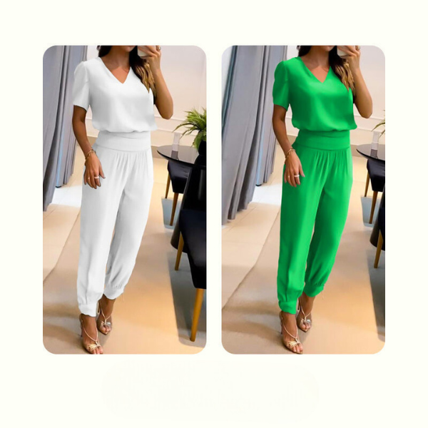 Merche zweiteiliges Set mit einem kurzärmeligen Oberteil mit V-Ausschnitt und einer langen Hose, ideal für Partys