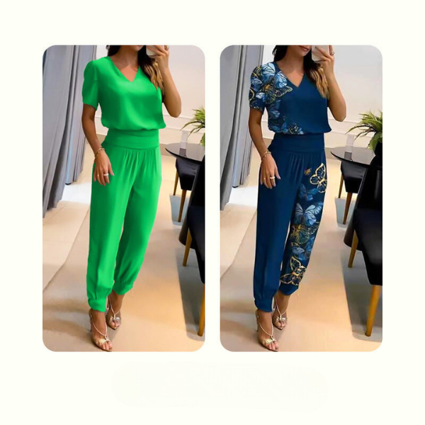 Merche zweiteiliges Set mit einem kurzärmeligen Oberteil mit V-Ausschnitt und einer langen Hose, ideal für Partys