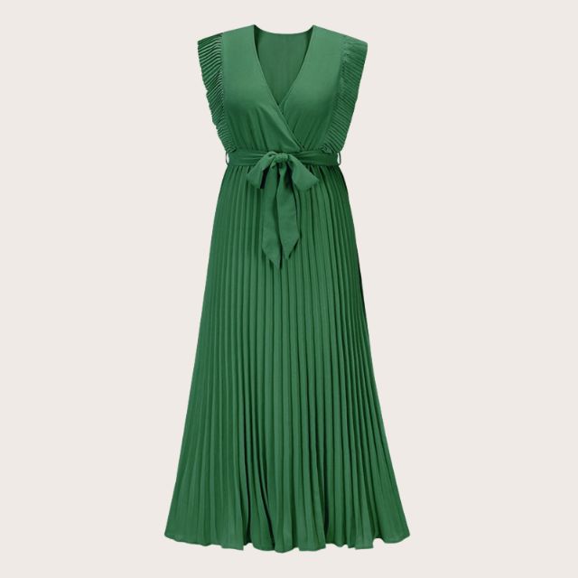 Plissiertes Maxikleid mit Rüschenbesatz und Taillenbindung