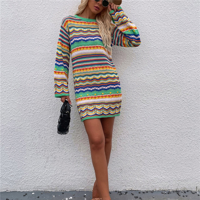 Buntes Langarm-Strickkleid für Damen