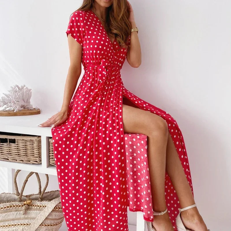 Boho Strandkleid mit V-Ausschnitt und kurzen Ärmeln