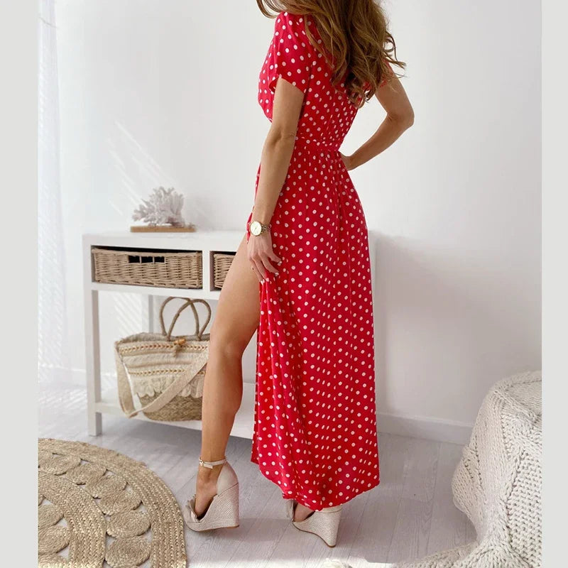 Boho Strandkleid mit V-Ausschnitt und kurzen Ärmeln