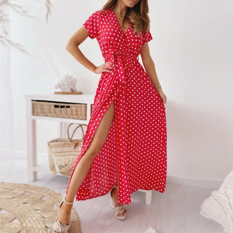Boho Strandkleid mit V-Ausschnitt und kurzen Ärmeln