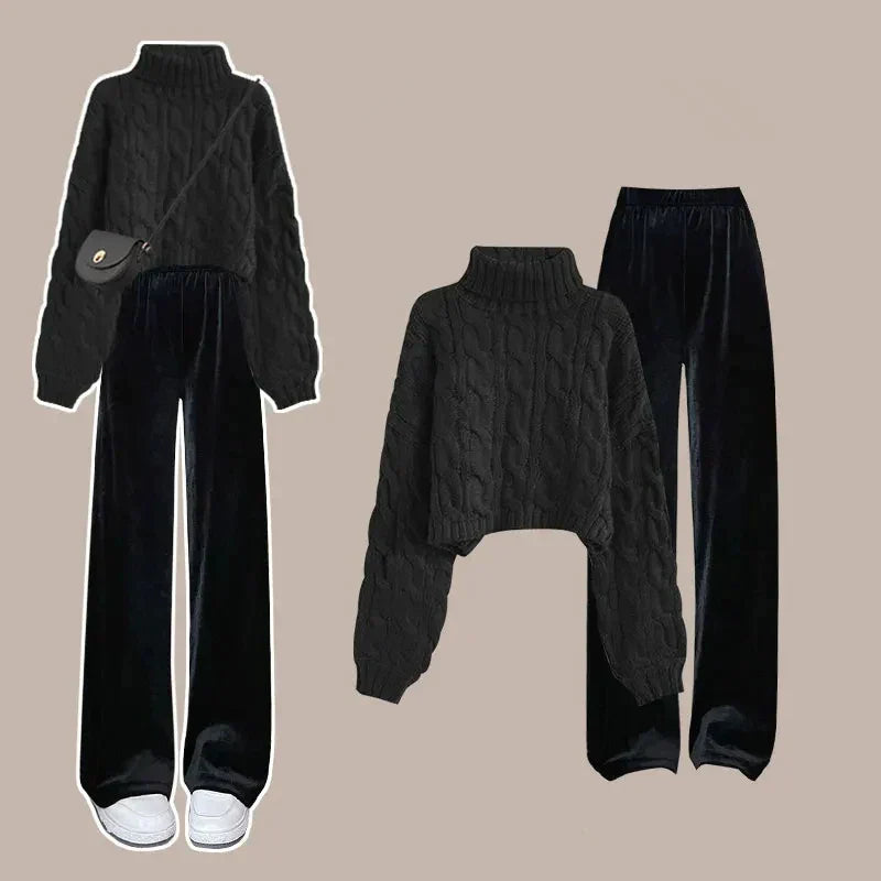 Merche Rollkragen Langarm Strickset mit weiten Beinen