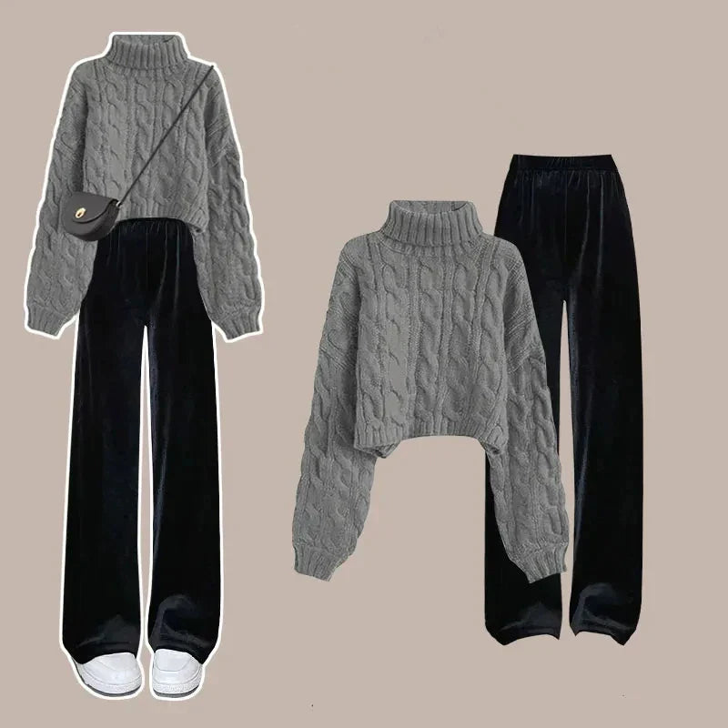 Merche Rollkragen Langarm Strickset mit weiten Beinen