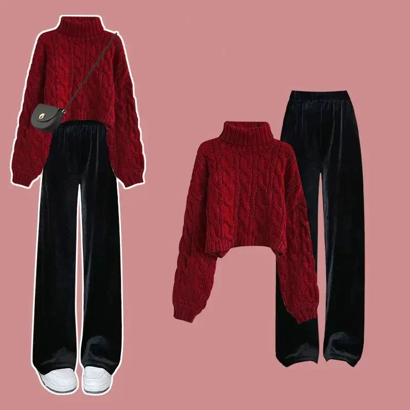 Merche Rollkragen Langarm Strickset mit weiten Beinen