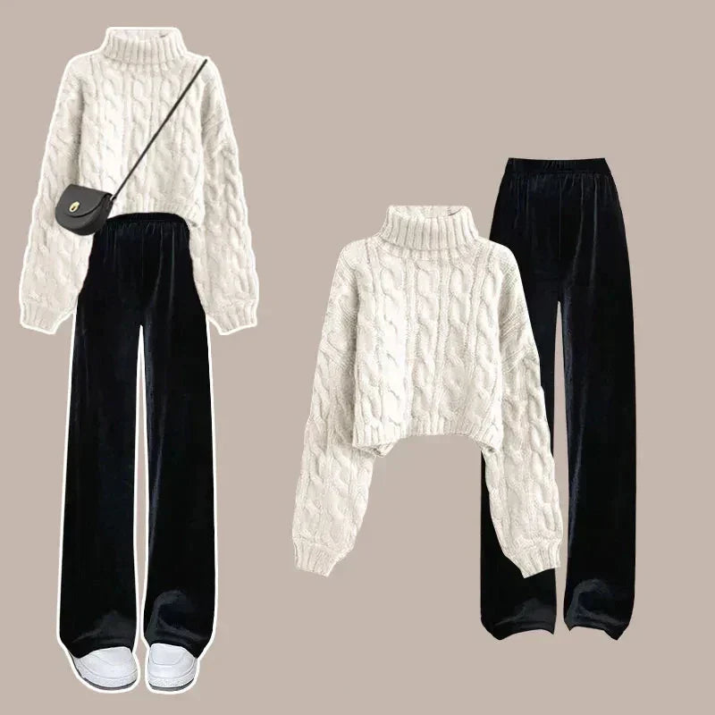 Merche Rollkragen Langarm Strickset mit weiten Beinen