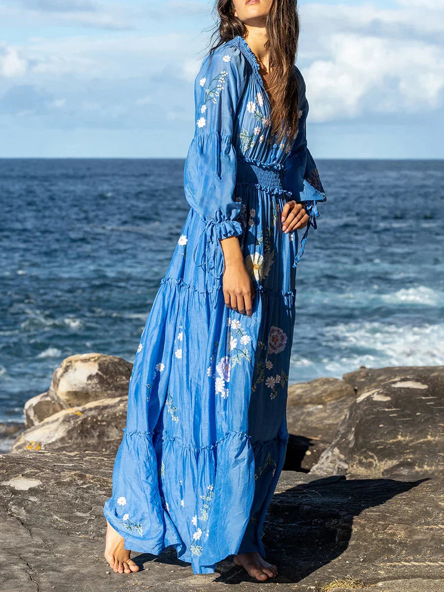 Boho Maxikleid mit Blumenmuster und V-Ausschnitt