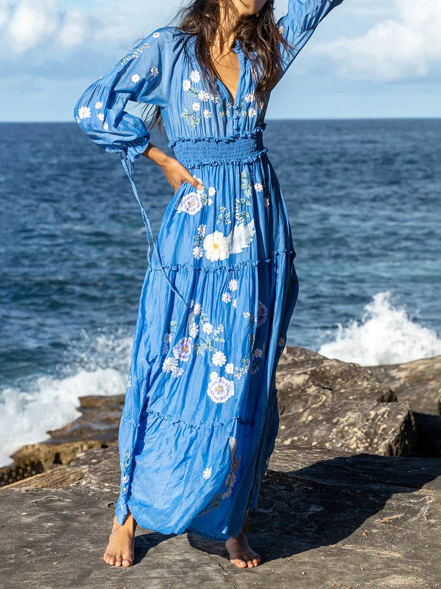 Boho Maxikleid mit Blumenmuster und V-Ausschnitt