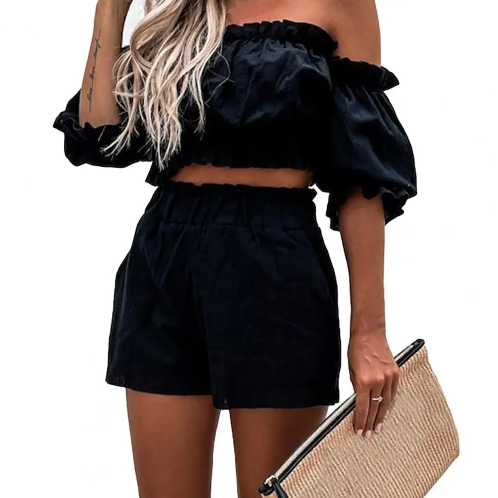 Merche shoulder elegant set med avslappnad look och shorts med hög midja