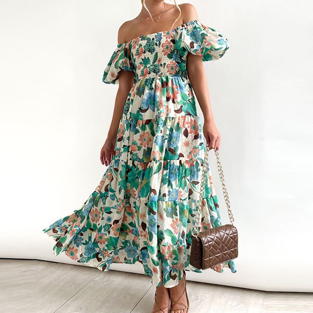 Blumiges Maxikleid mit Puffärmeln