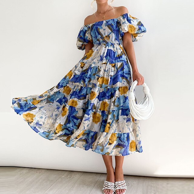 Blumiges Maxikleid mit Puffärmeln
