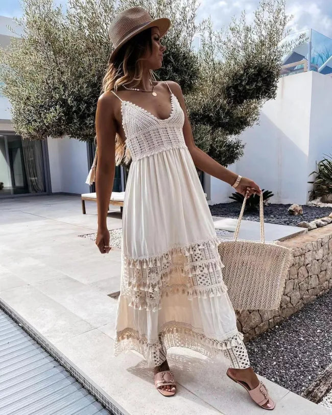 Damen Spitzenkleid Sexy V-Ausschnitt Boho Kleid Holiday Beach Dress