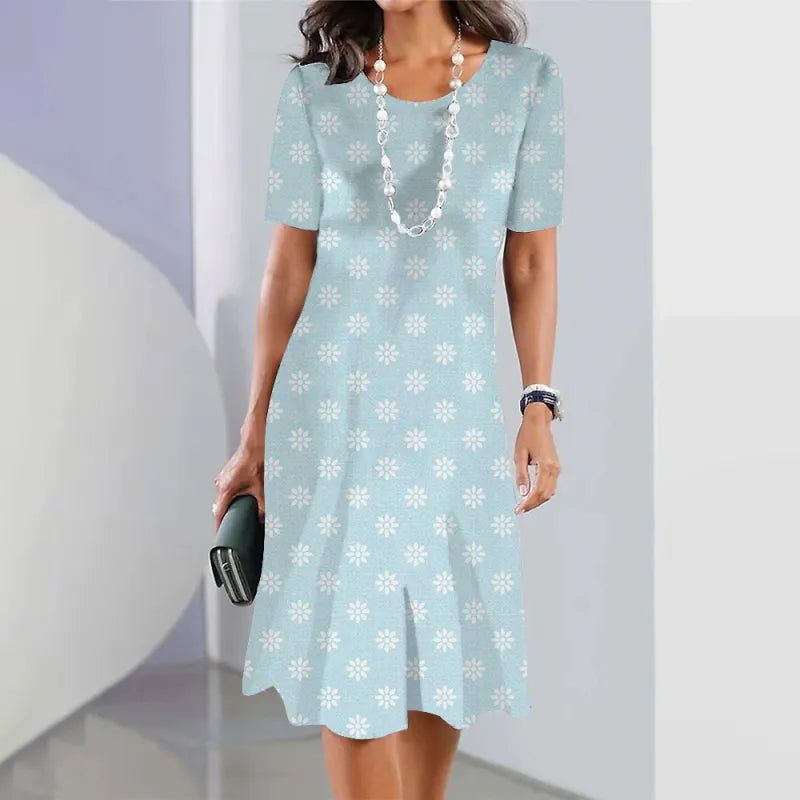 Lässiges Kurzarmkleid mit Blumenmuster, Rundhalsausschnitt und großer Größe