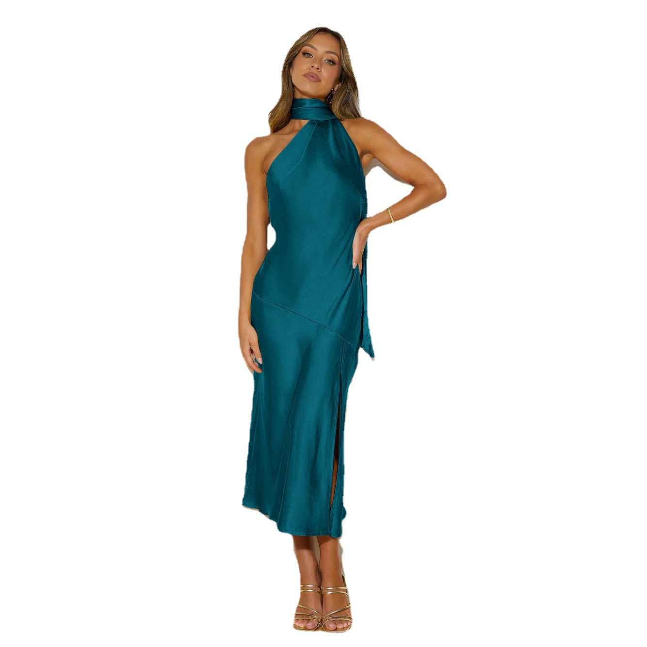 Frauen Satin Drapierung Split Hollow Dünn Elegantes Kleid