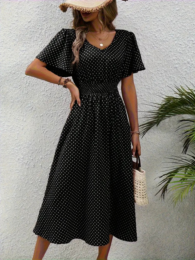 – allover-print-kurzarmkleid mit geraffter taille für frühling und sommer