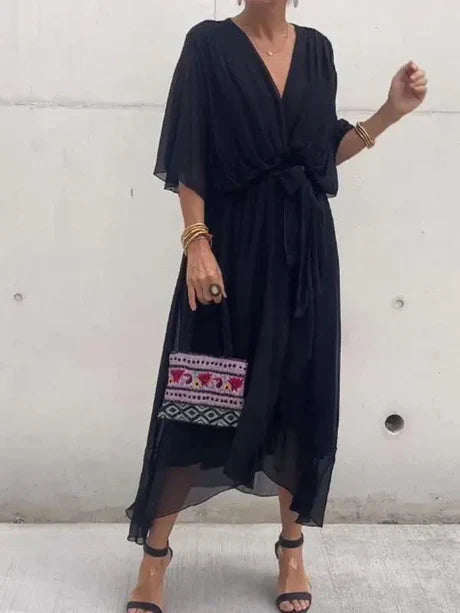 grünes v-ausschnitt chiffon midikleid