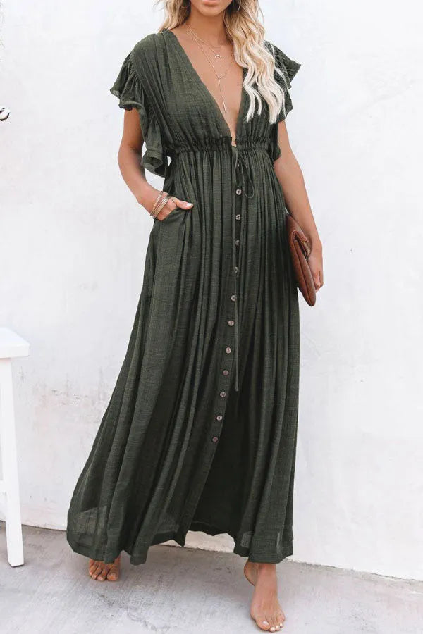 Feeenhaftes Luftiges V-Ausschnitt Kleid mit Rüschärmeln