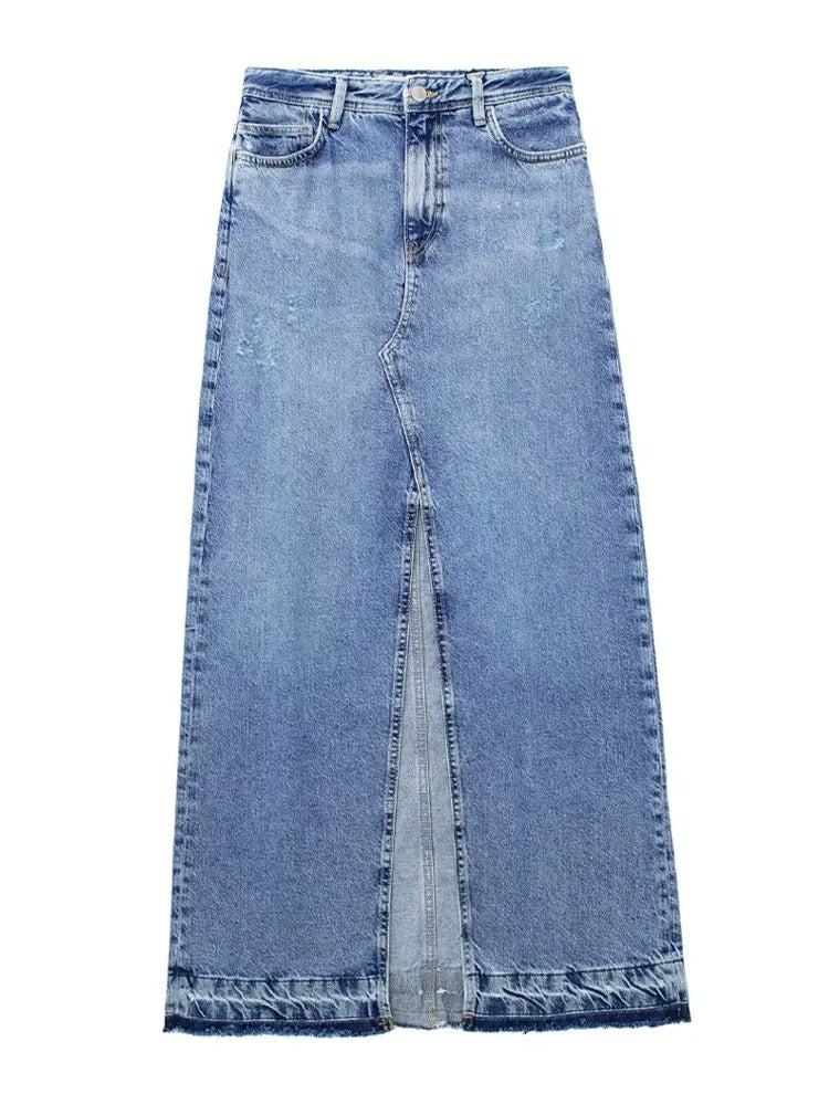 Merche blauer langer Sommerrock aus Denim mit Nahtdetails und Schlitz vorne
