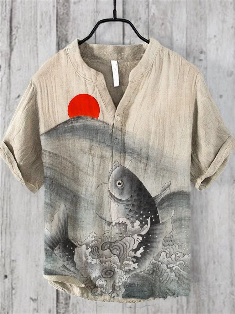 WW | Weinlese Fisch Japanische Kunst Leinenmischung Hemd