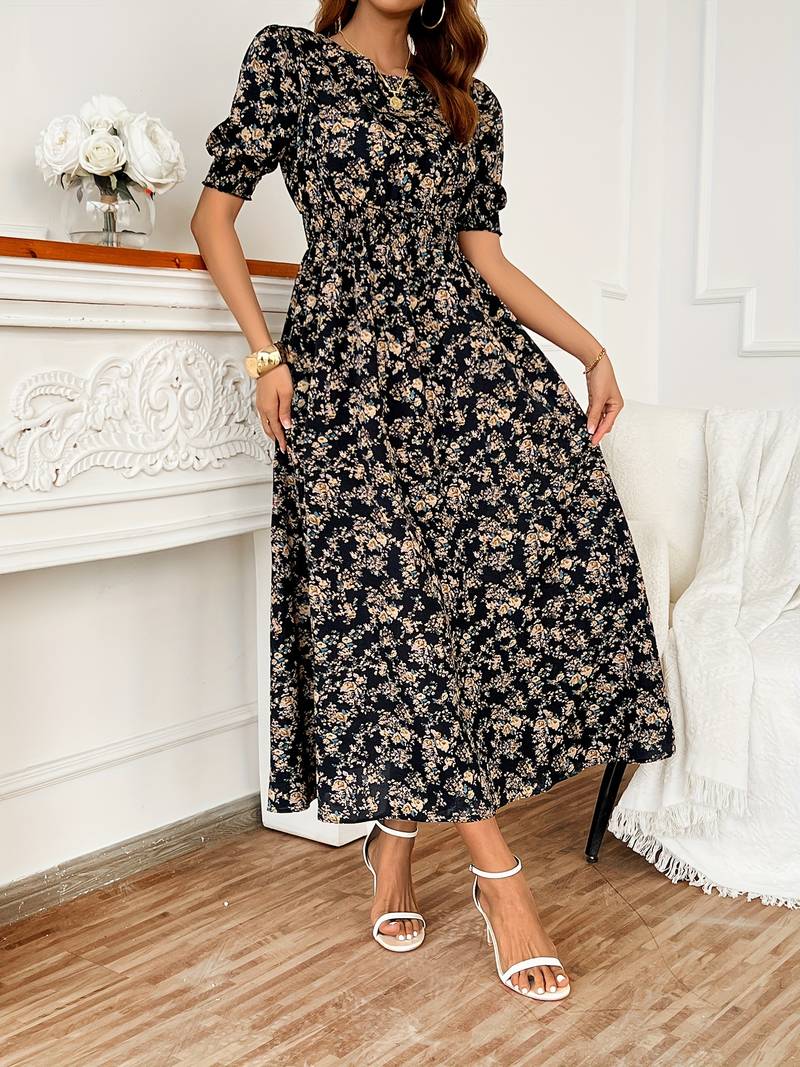 – kleid mit blumendruck und rundhalsausschnitt für frühling und sommer