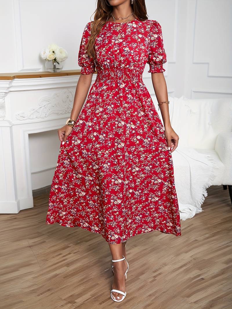 – kleid mit blumendruck und rundhalsausschnitt für frühling und sommer