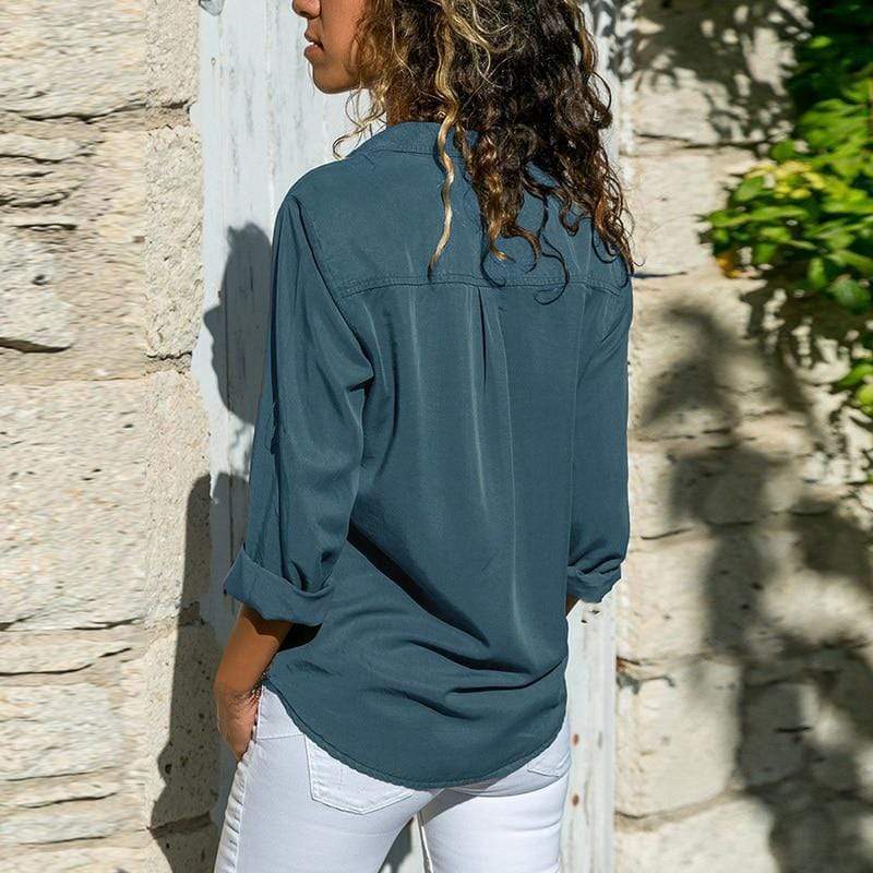 WW | Baumwoll Langarm V-ausschnitt Oberteil Mit Taschen Für Damen