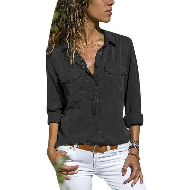 WW | Baumwoll Langarm V-ausschnitt Oberteil Mit Taschen Für Damen
