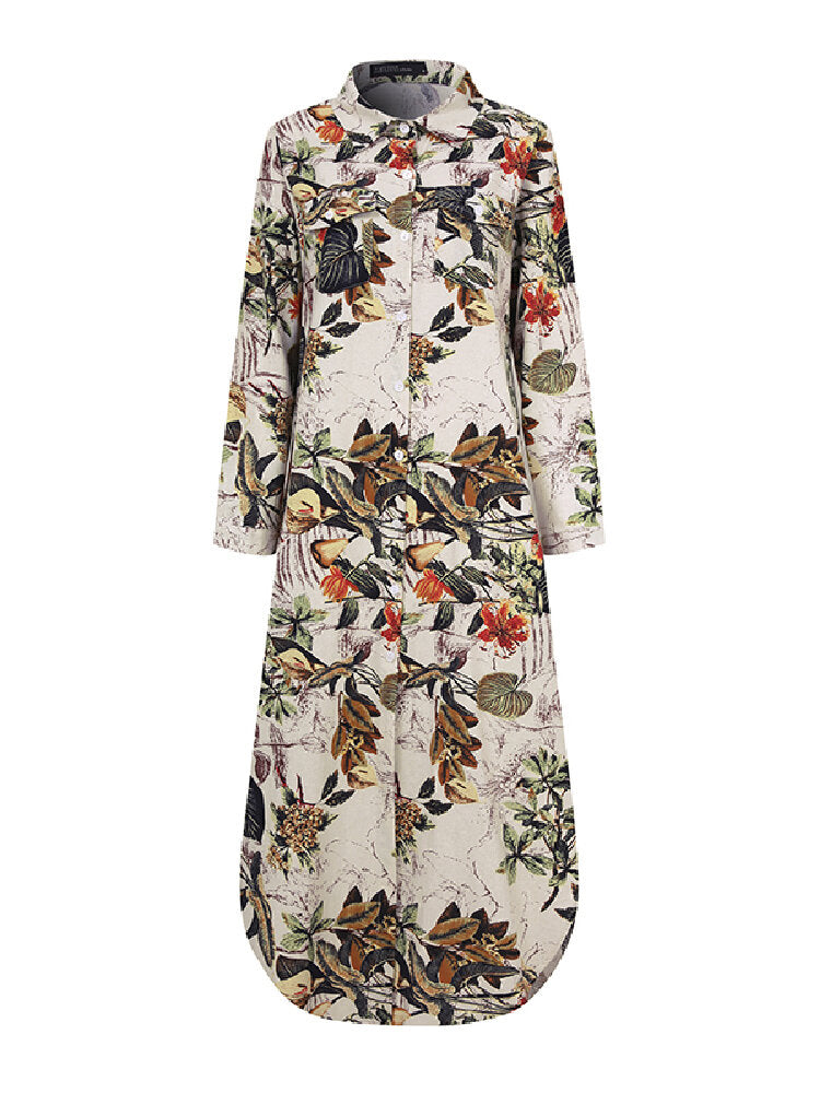 Maxikleid aus Baumwolle mit Blumendruck und Fronttaschen - Gelb