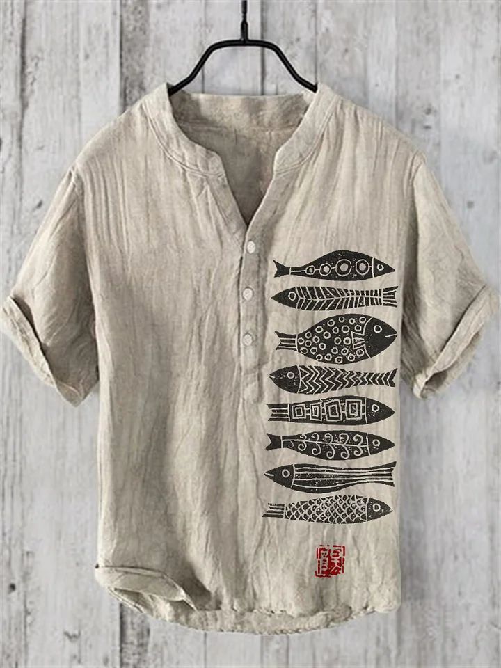 WW | Weinlese Fisch Japanische Kunst Leinenmischung Hemd
