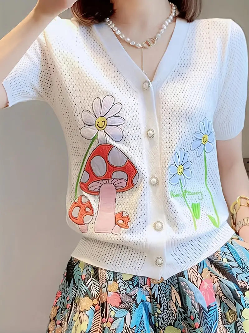 WW | Weste Mit Blumen Und Pilzmuster V-ausschnitt Für Einen Verspielten Look