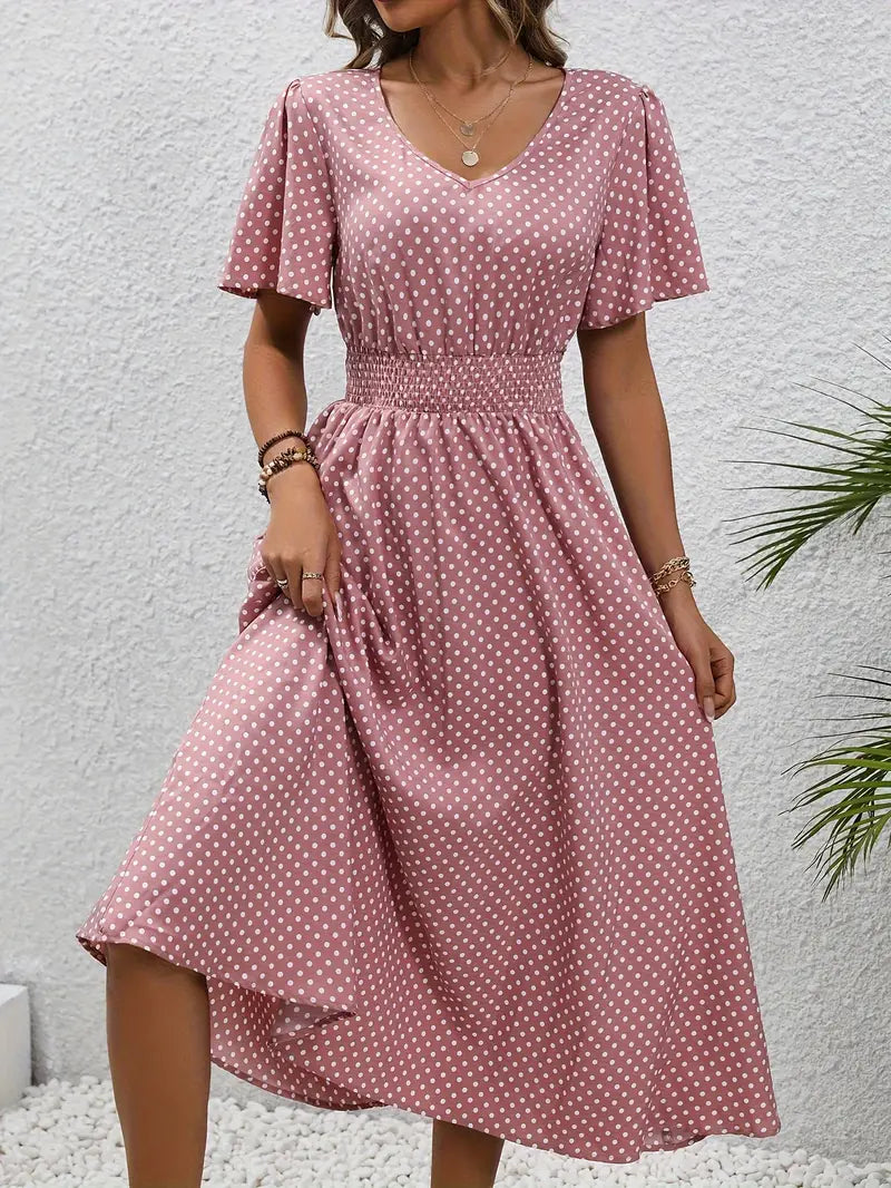 – allover-print-kurzarmkleid mit geraffter taille für frühling und sommer