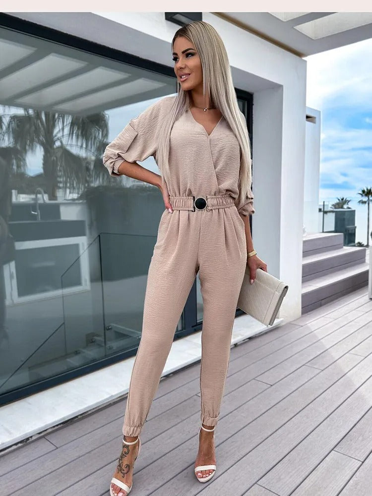 Merche einfarbiger Jumpsuit mit einfachem Umlegekragen