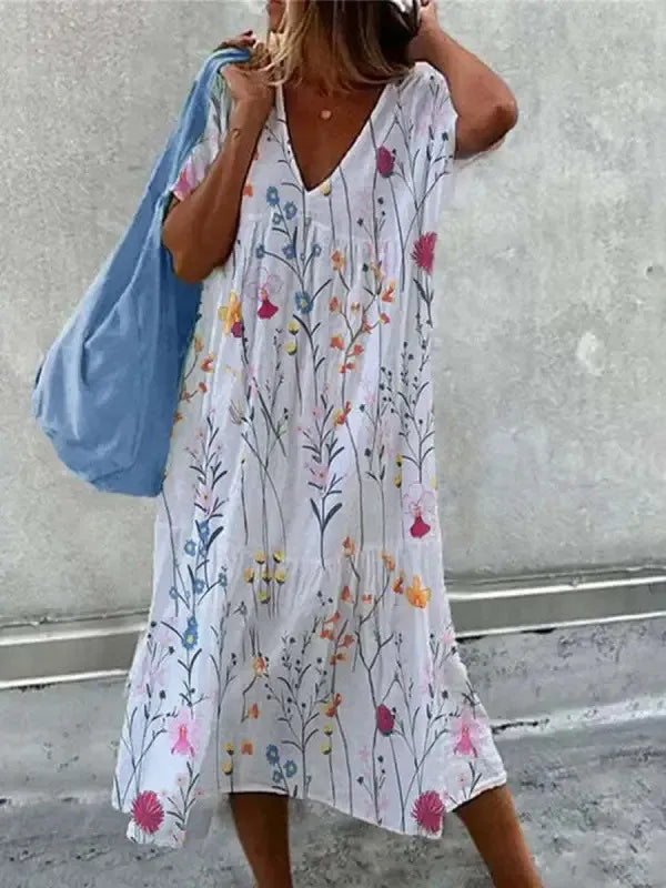 Boho-Strandkleid für Frauen Sommerkleid mit V-Ausschnitt und kurzen Ärmeln mit Blumenmuster