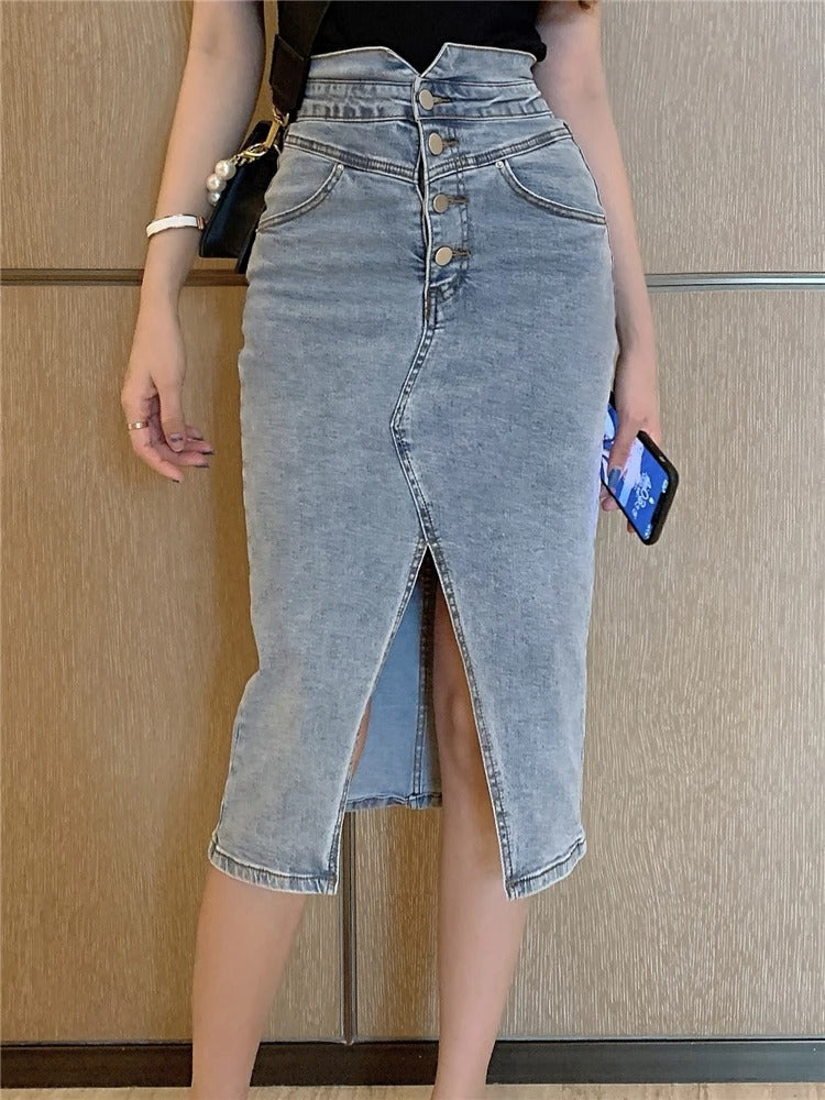 Merche Sommerrock aus Denim mit Schlitz und Knopfleiste