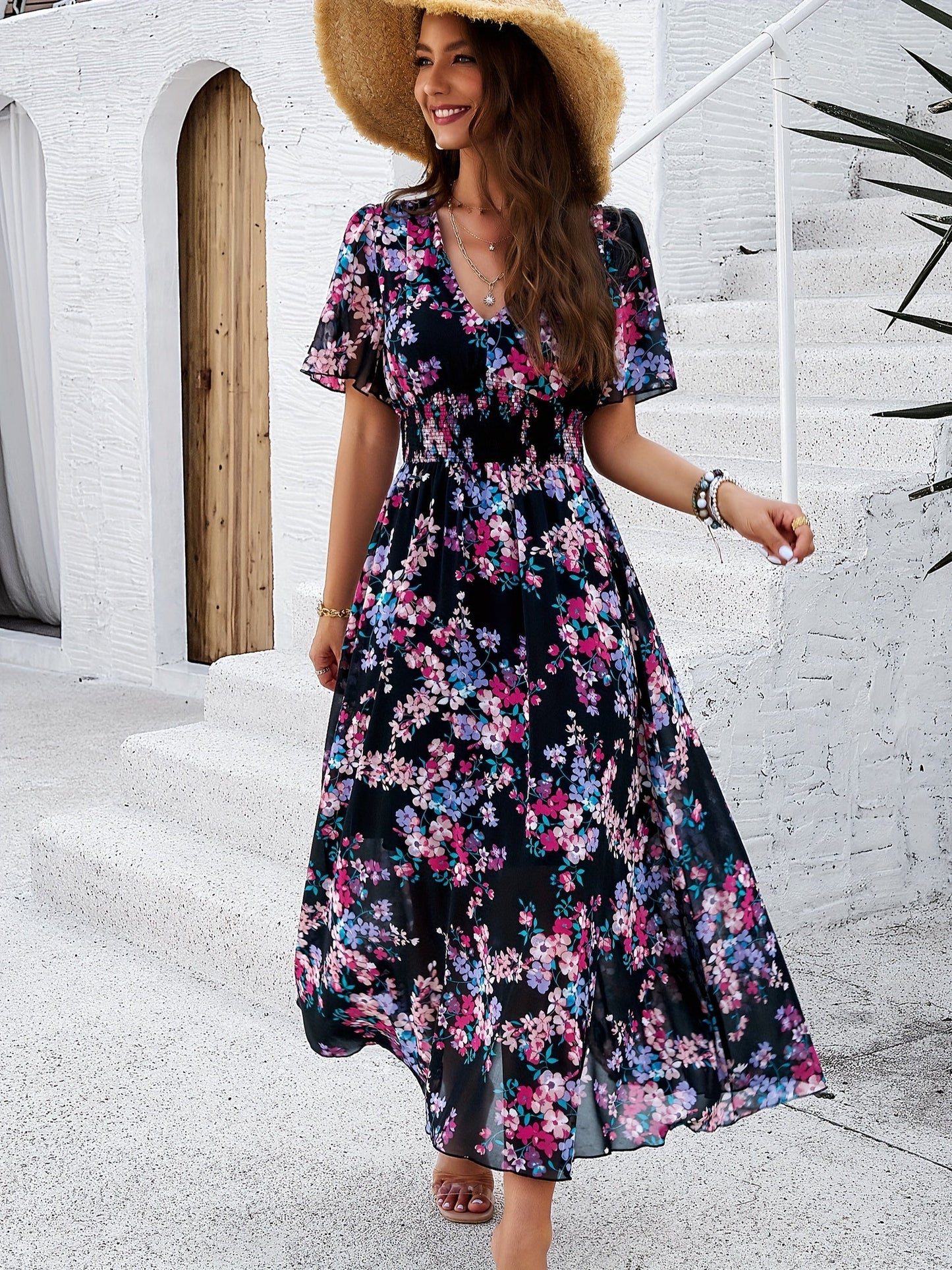 Blumen Druck V-Ausschnitt Damen Kleid | Schwarz