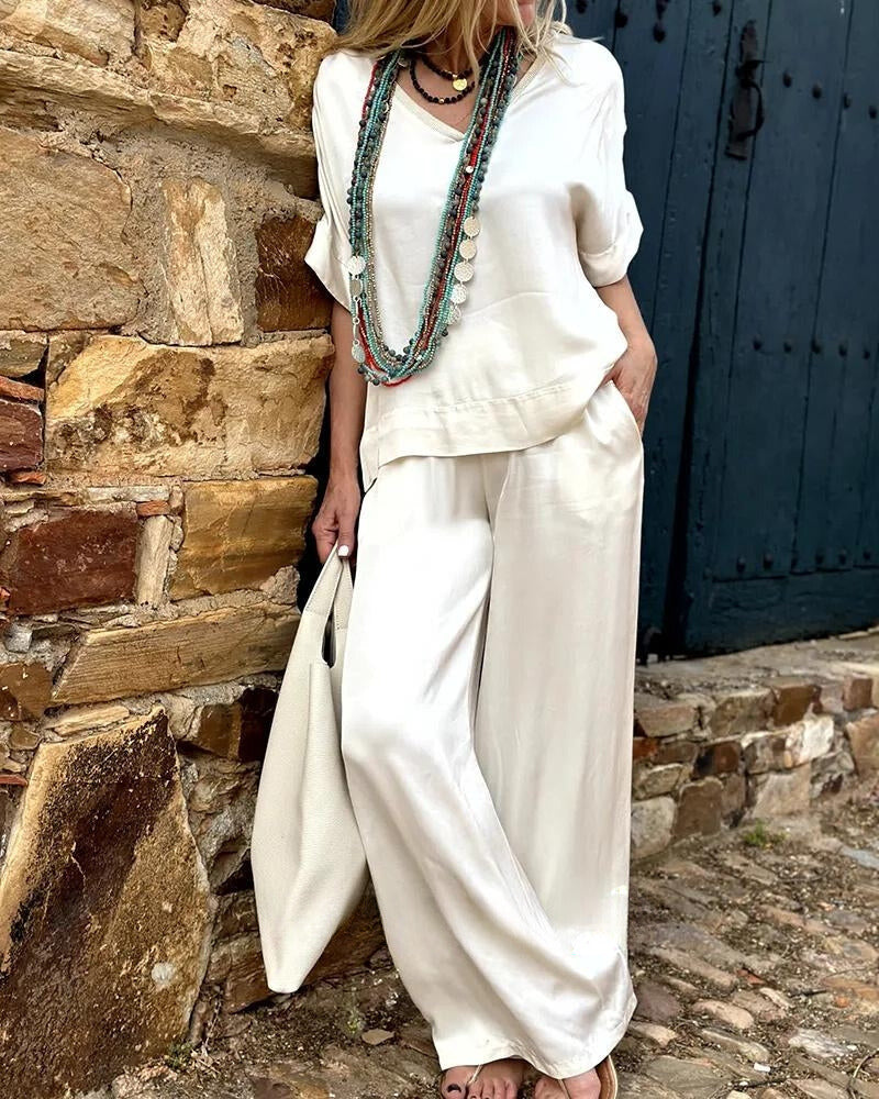 Merche V-Ausschnitt Sommer Set mit einfarbigem Design