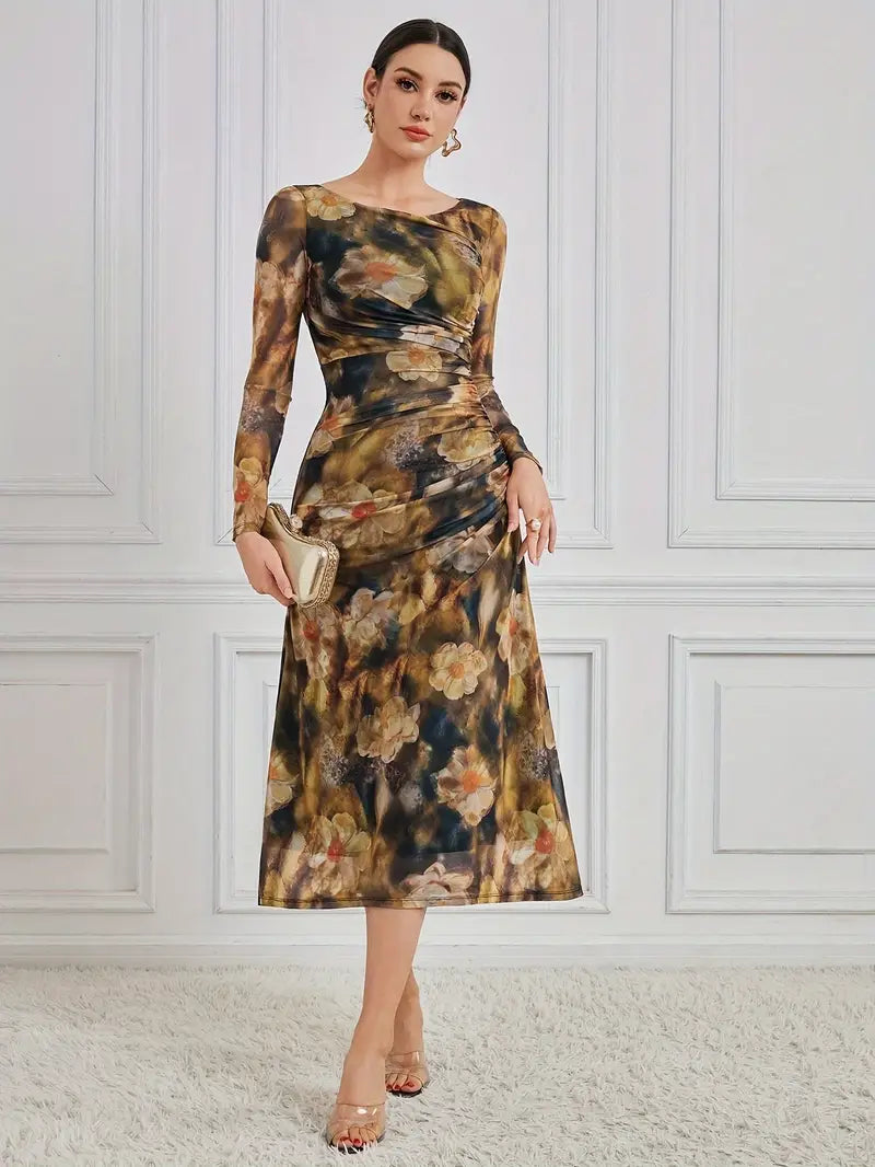 – elegantes, langärmliges body-con-kleid mit rundhalsausschnitt