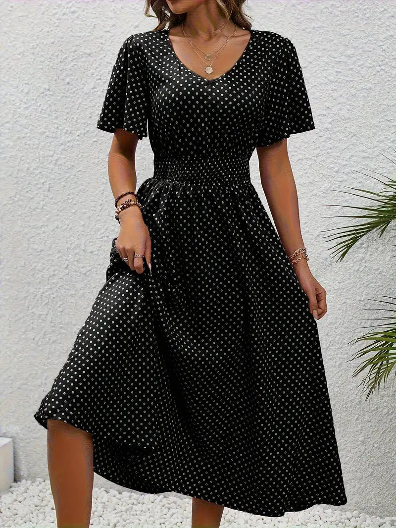 – allover-print-kurzarmkleid mit geraffter taille für frühling und sommer