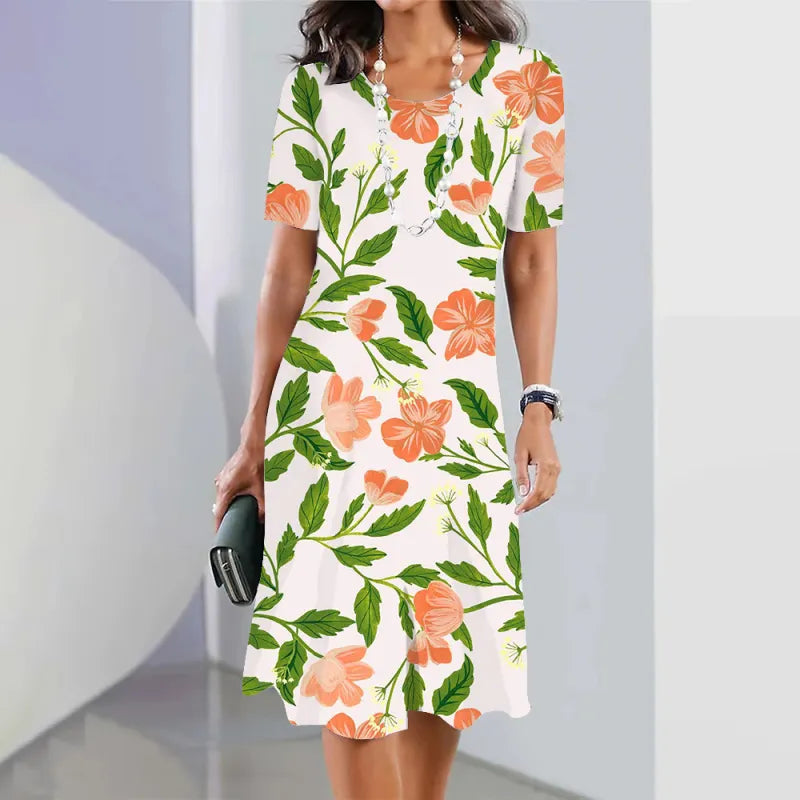 Lässiges Kurzarmkleid mit Blumenmuster, Rundhalsausschnitt und großer Größe
