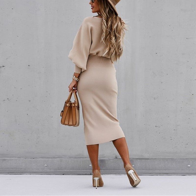 Beiges Midi-Kleid mit Puffärmeln