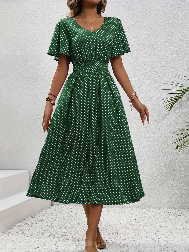 – allover-print-kurzarmkleid mit geraffter taille für frühling und sommer