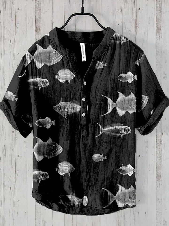 WW | Weinlese Fisch Japanische Kunst Leinenmischung Hemd