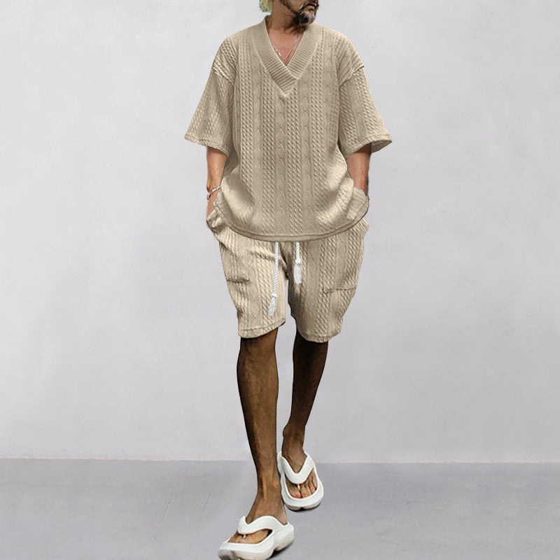 WW | Satz Aus Bequem Sitzendem Strickoberteil Mit V-ausschnitt Und Passenden Shorts