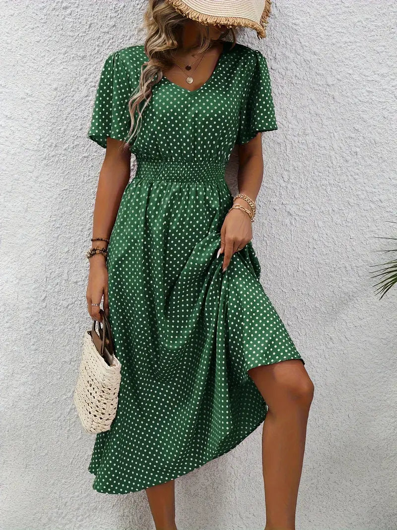 – allover-print-kurzarmkleid mit geraffter taille für frühling und sommer