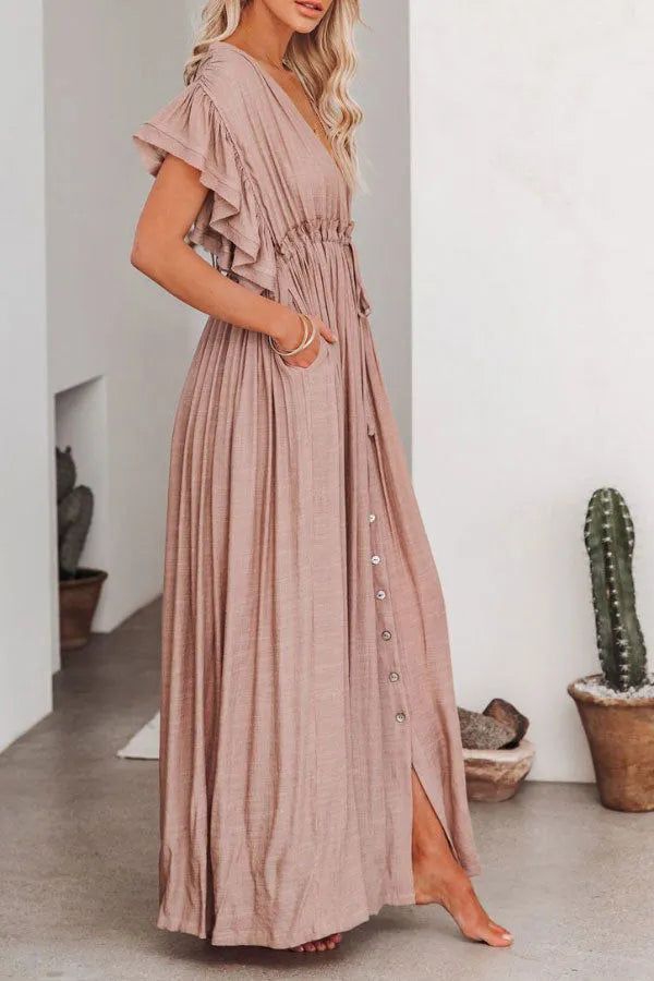 Feeenhaftes Luftiges V-Ausschnitt Kleid mit Rüschärmeln