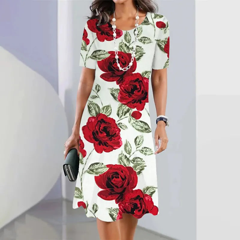 Lässiges Kurzarmkleid mit Blumenmuster, Rundhalsausschnitt und großer Größe